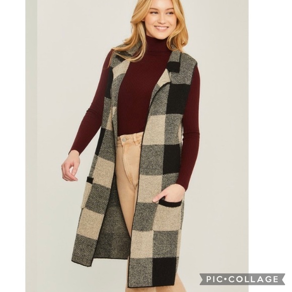 Plaid.. Plaid… Black n Cream Plaid Cardi Vest - Picture 1 of 5